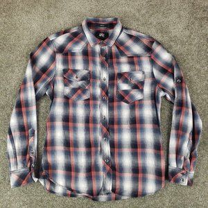 Rock & Republic Shirt Medium M Mens Red Blue Plaid Long Sleeve Collared Button